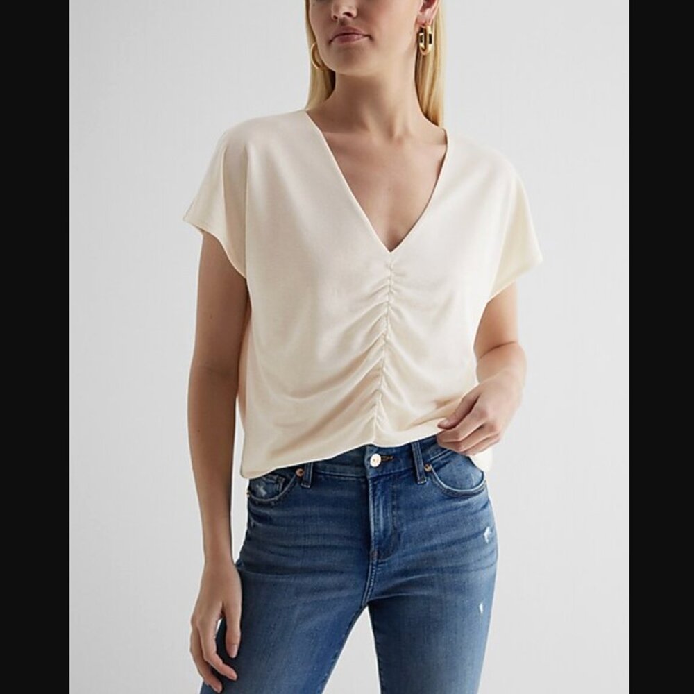 Express Relaxed V-Neck Ruched Tee - Size XL